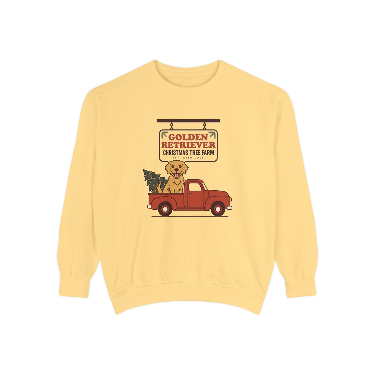 Golden Retriever Christmas Sweatshirt, Red Truck Christmas Tree Farm Comfort Colors Crewneck