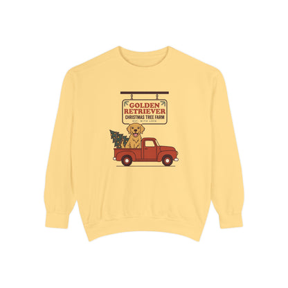 Golden Retriever Christmas Sweatshirt, Red Truck Christmas Tree Farm Comfort Colors Crewneck