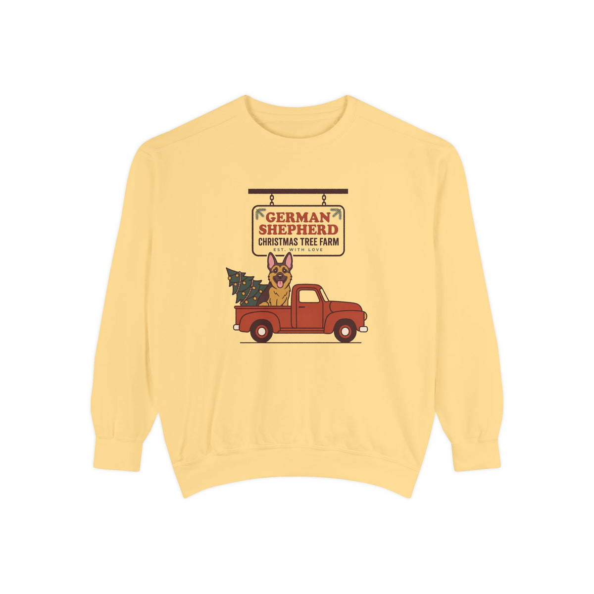 German Shepherd Christmas Sweatshirt, Red Truck Christmas Tree Farm Comfort Colors Crewneck