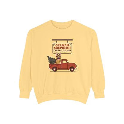 German Shepherd Christmas Sweatshirt, Red Truck Christmas Tree Farm Comfort Colors Crewneck