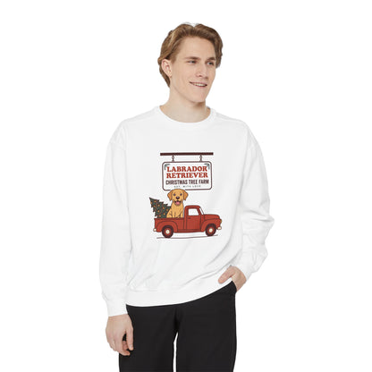 Labrador Retriever Christmas Sweatshirt, Red Truck Christmas Tree Farm Comfort Colors Crewneck