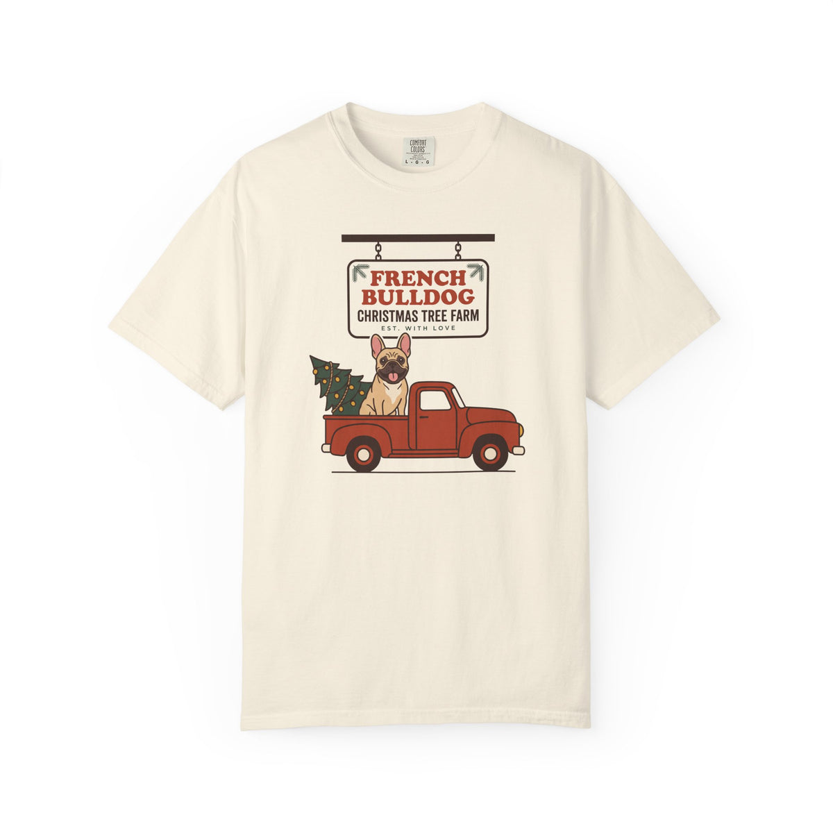 French Bulldog Christmas Shirt, Red Truck Christmas Tree Farm Comfort Colors Tee