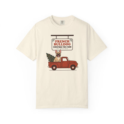 French Bulldog Christmas Shirt, Red Truck Christmas Tree Farm Comfort Colors Tee