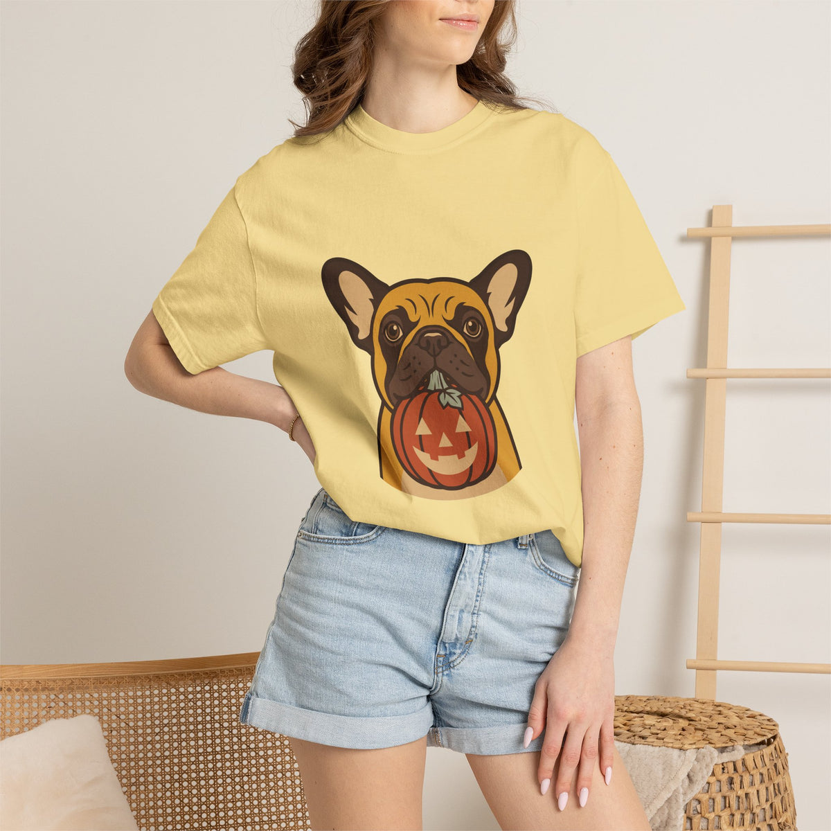 French Bulldog Halloween Shirt — Dog with Pumpkin Comfort Colors Tee
