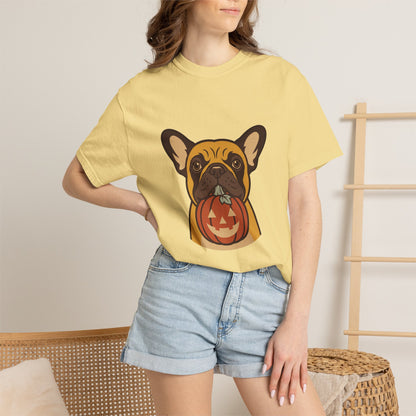 French Bulldog Halloween Shirt — Dog with Pumpkin Comfort Colors Tee