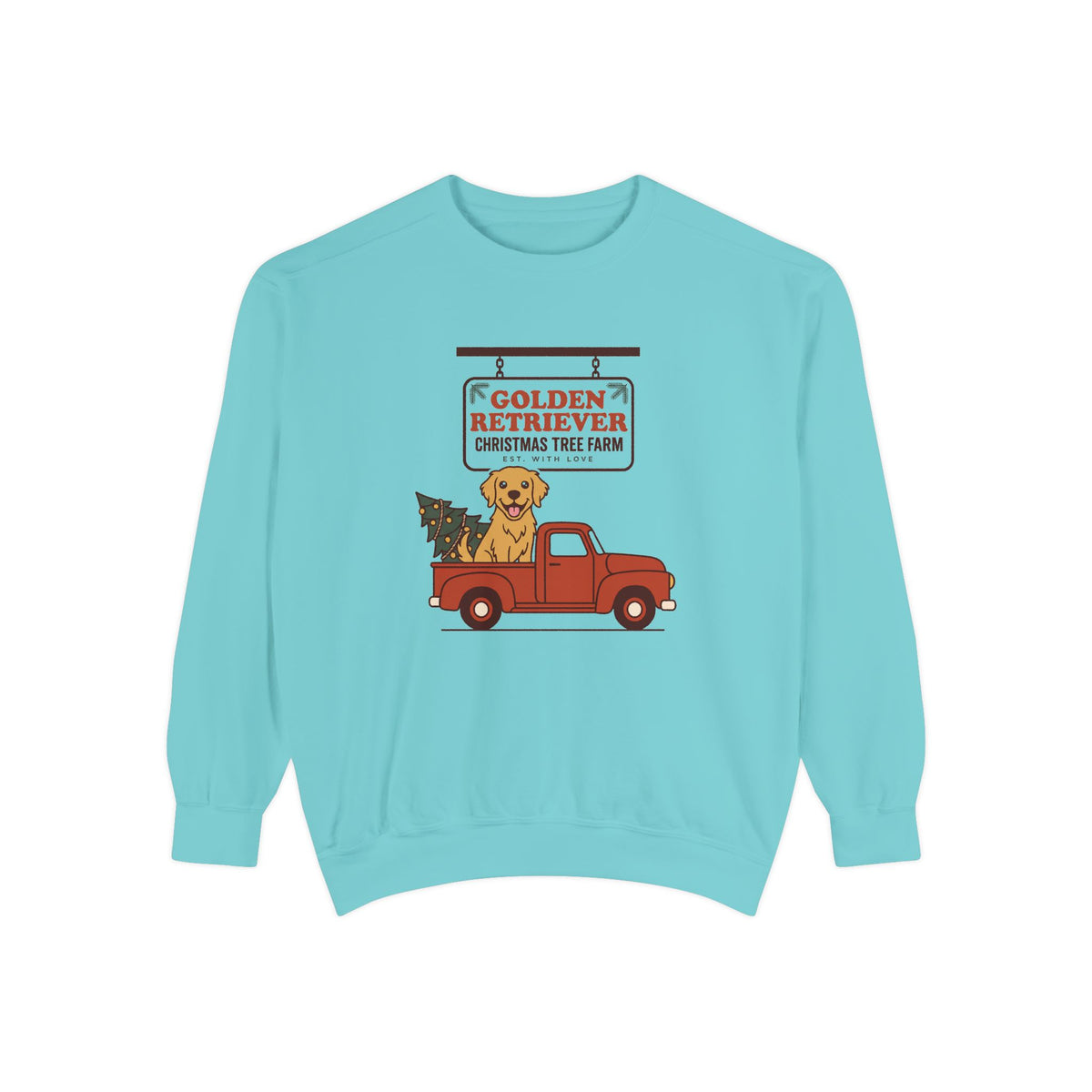 Golden Retriever Christmas Sweatshirt, Red Truck Christmas Tree Farm Comfort Colors Crewneck
