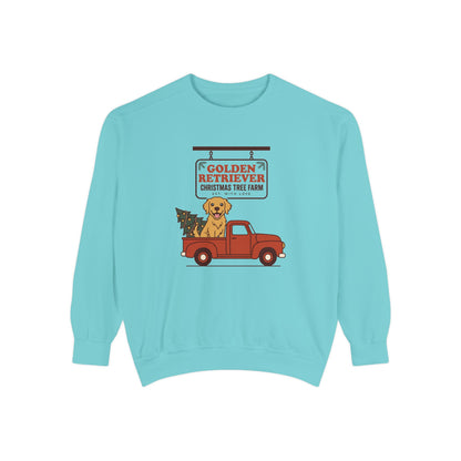 Golden Retriever Christmas Sweatshirt, Red Truck Christmas Tree Farm Comfort Colors Crewneck