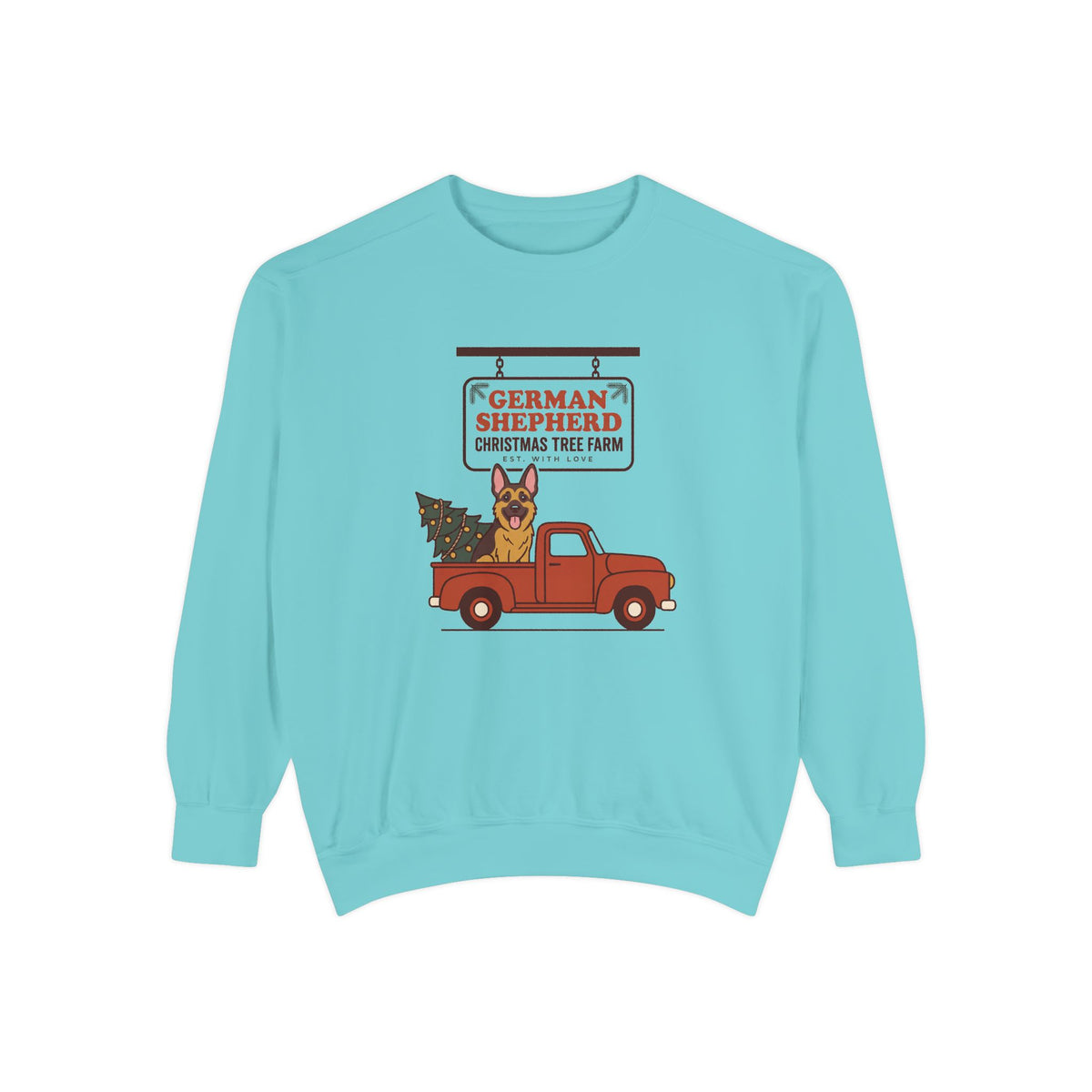 German Shepherd Christmas Sweatshirt, Red Truck Christmas Tree Farm Comfort Colors Crewneck
