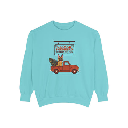 German Shepherd Christmas Sweatshirt, Red Truck Christmas Tree Farm Comfort Colors Crewneck