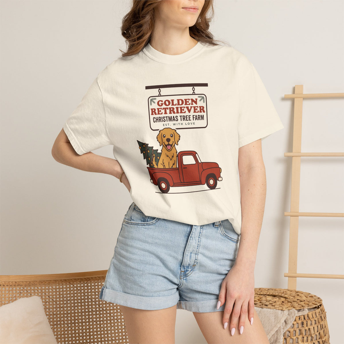 Golden Retriever Christmas Shirt, Red Truck Christmas Tree Farm Comfort Colors Tee