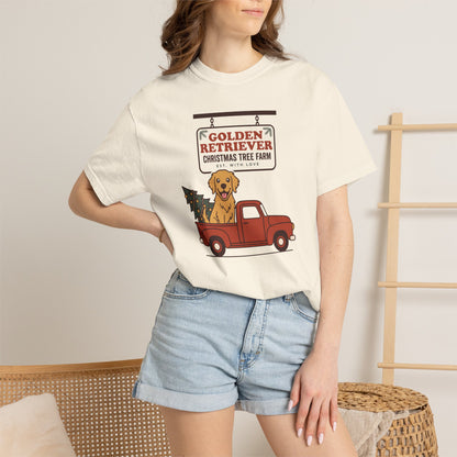 Golden Retriever Christmas Shirt, Red Truck Christmas Tree Farm Comfort Colors Tee
