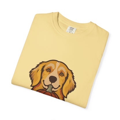 Golden Retriever Halloween Shirt — Dog with Pumpkin Comfort Colors Tee